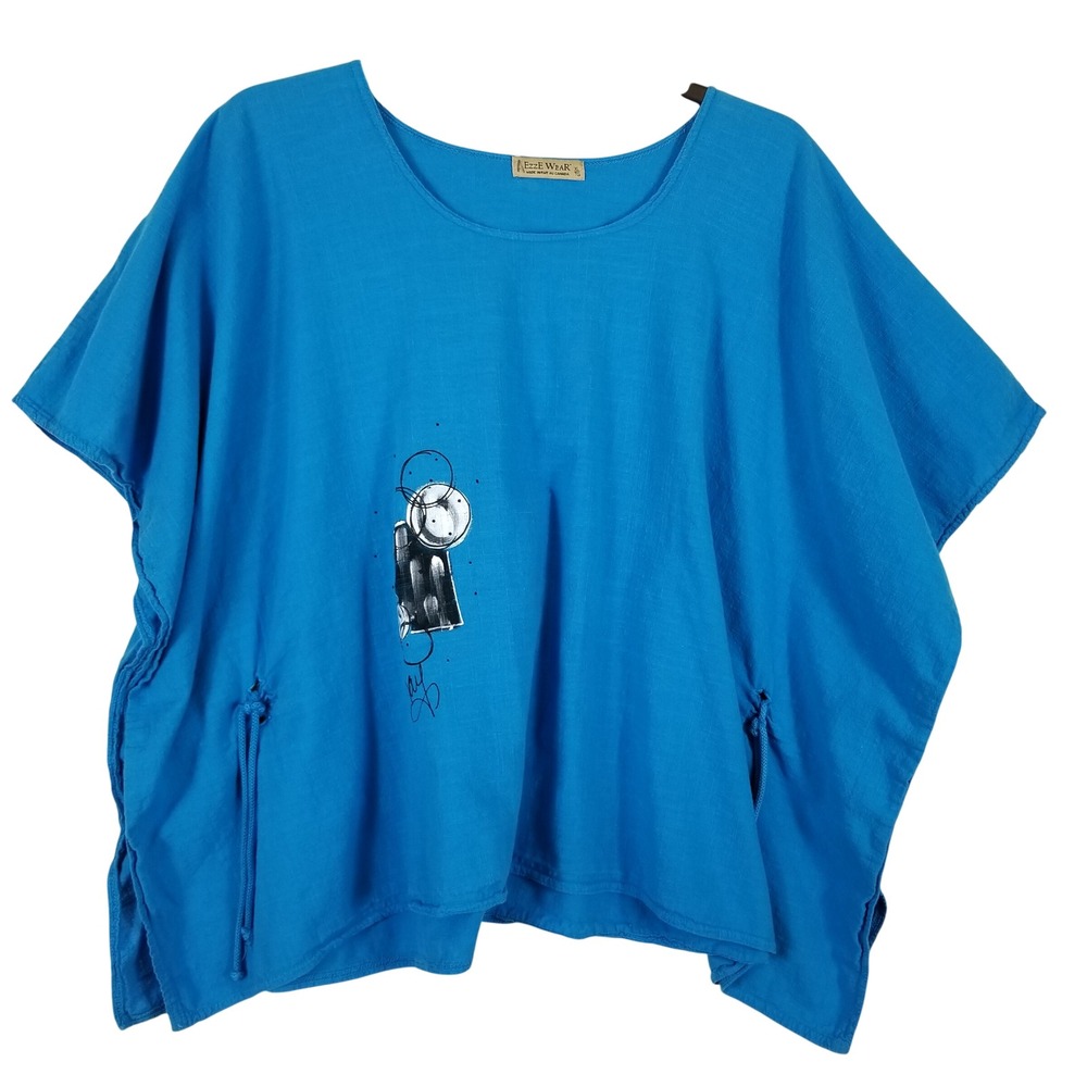 Ezze‎ Wear Blue 100% Cotton Abstract Graphic Boxy Top XL Made in Canada